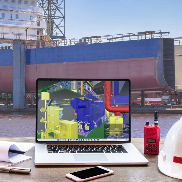 CADMATIC eBrowser Free shows 3D model of ship for construction. 3D viewer provides detailed vessel designs